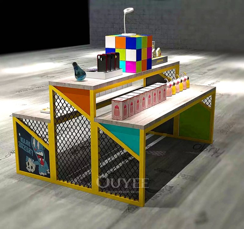 Black Metal Mesh Island Display Stand with Wood Base 03