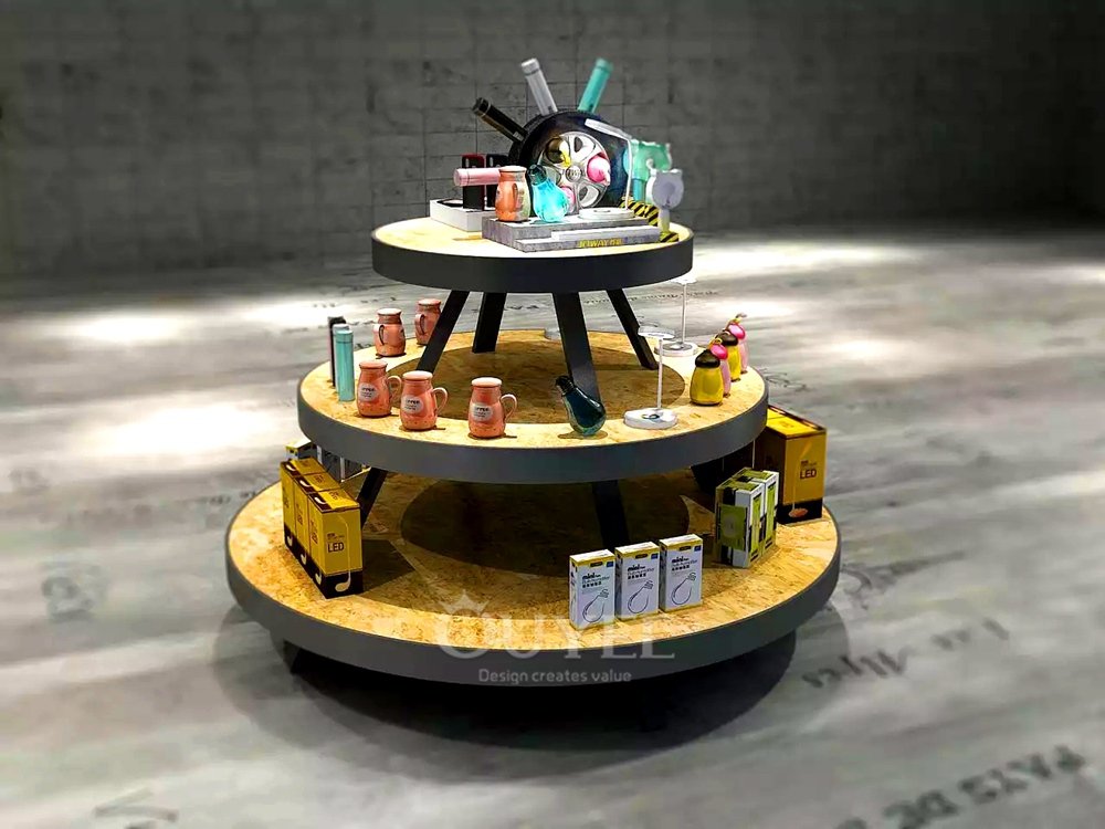 Black Metal Mesh Island Display Stand with Wood Base 04