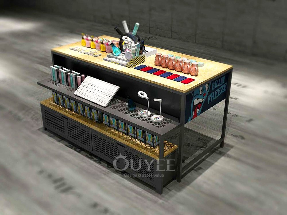 Black Metal Mesh Island Display Stand with Wood Base 07