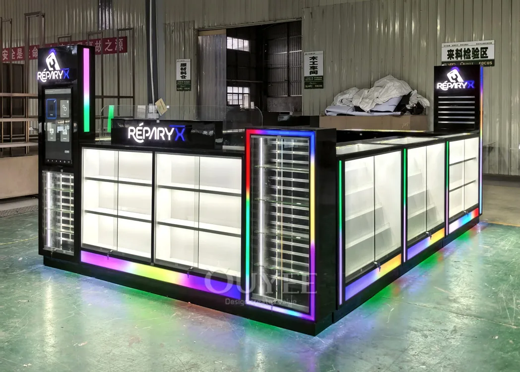 Black RGB Glass Showcase Kiosk with Illuminated Storage Towers 01