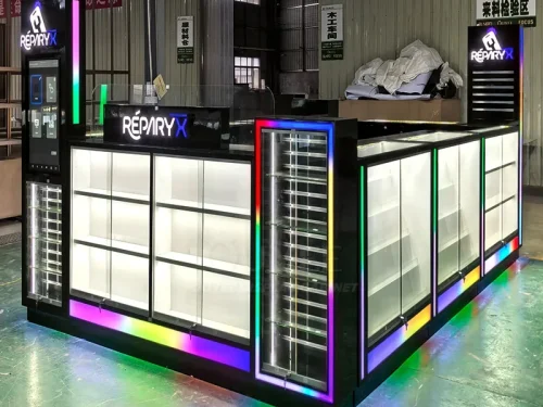 Black RGB Glass Showcase Kiosk with Illuminated Storage Towers 01