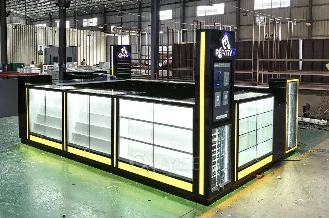 Black RGB Glass Showcase Kiosk with Illuminated Storage Towers 02
