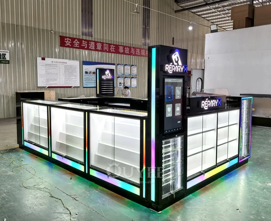 Black RGB Glass Showcase Kiosk with Illuminated Storage Towers 03