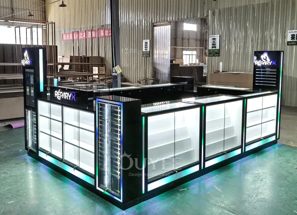 Black RGB Glass Showcase Kiosk with Illuminated Storage Towers 04