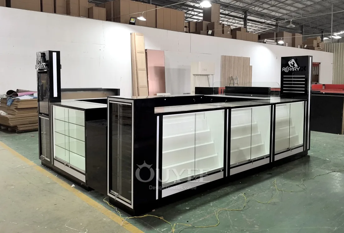 Black RGB Glass Showcase Kiosk with Illuminated Storage Towers 05