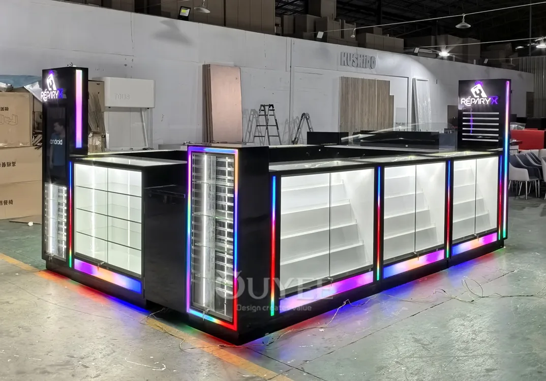 Black RGB Glass Showcase Kiosk with Illuminated Storage Towers 06