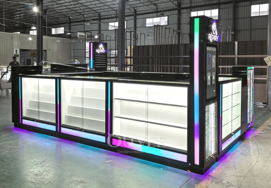 Black RGB Glass Showcase Kiosk with Illuminated Storage Towers 07