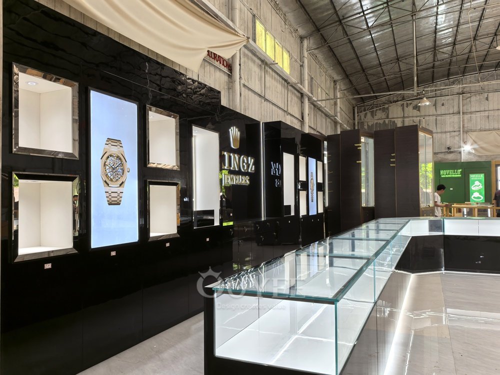 Black Wall Display Cabinet with Digital Poster Niches 01