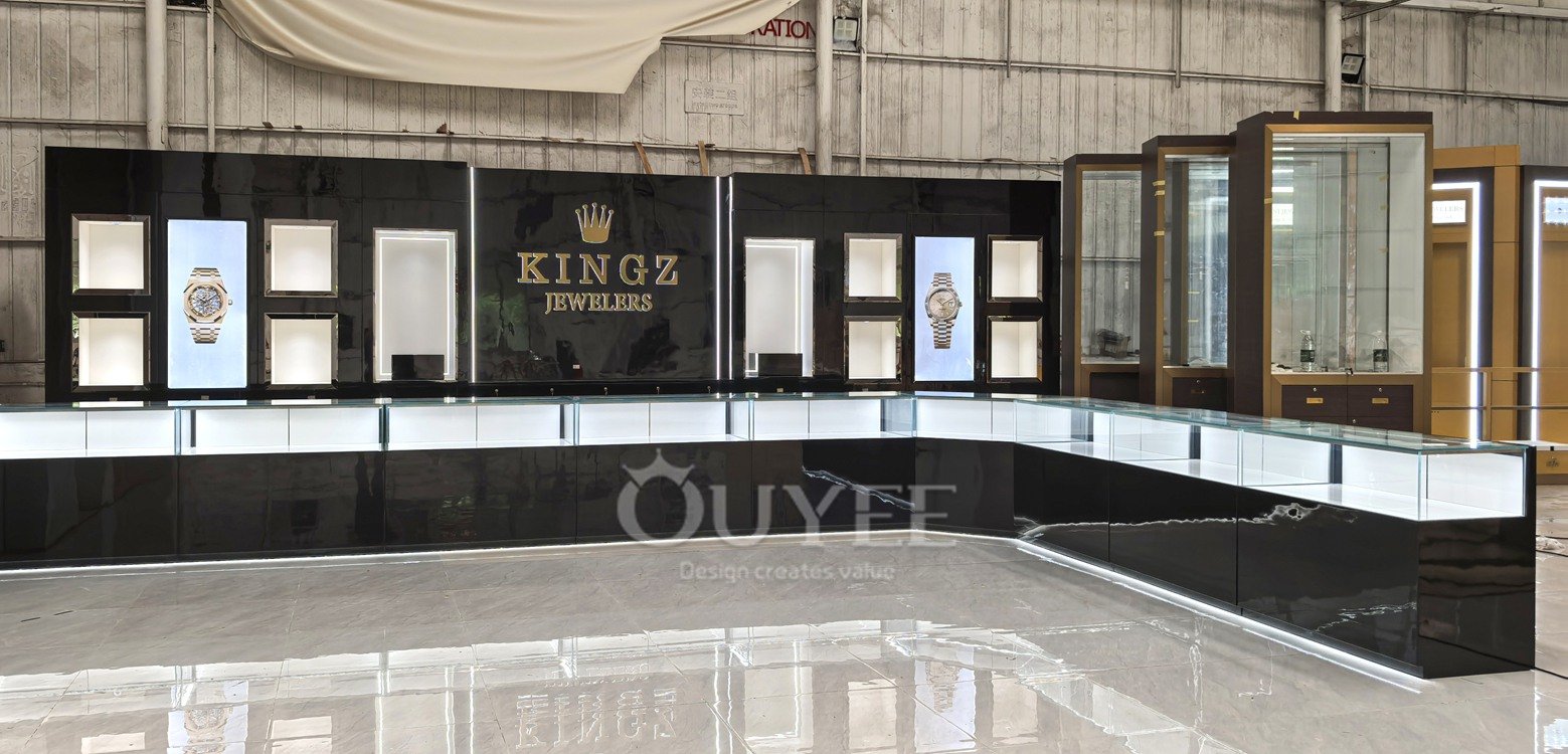 Black Wall Display Cabinet with Digital Poster Niches 02