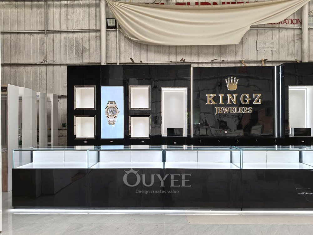 Black Wall Display Cabinet with Digital Poster Niches 03