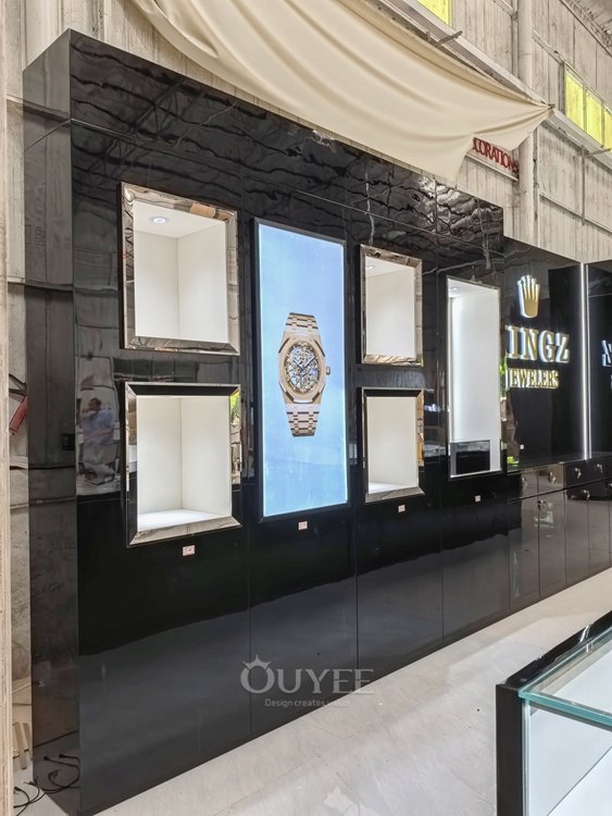 Black Wall Display Cabinet with Digital Poster Niches 04