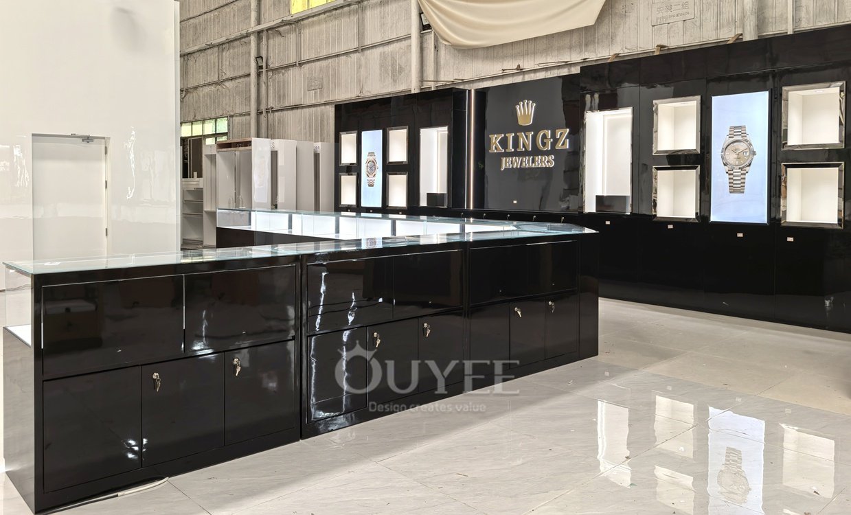 Black Wall Display Cabinet with Digital Poster Niches 05