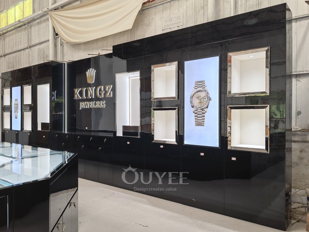 Black Wall Display Cabinet with Digital Poster Niches 06