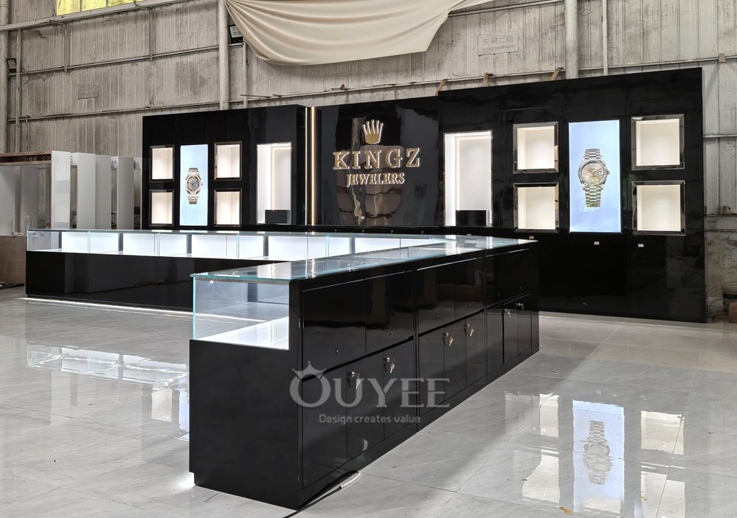 Black Wall Display Cabinet with Digital Poster Niches 07