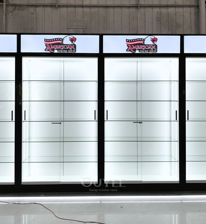 Black Wall Display Cabinet with Lightbox Header 01