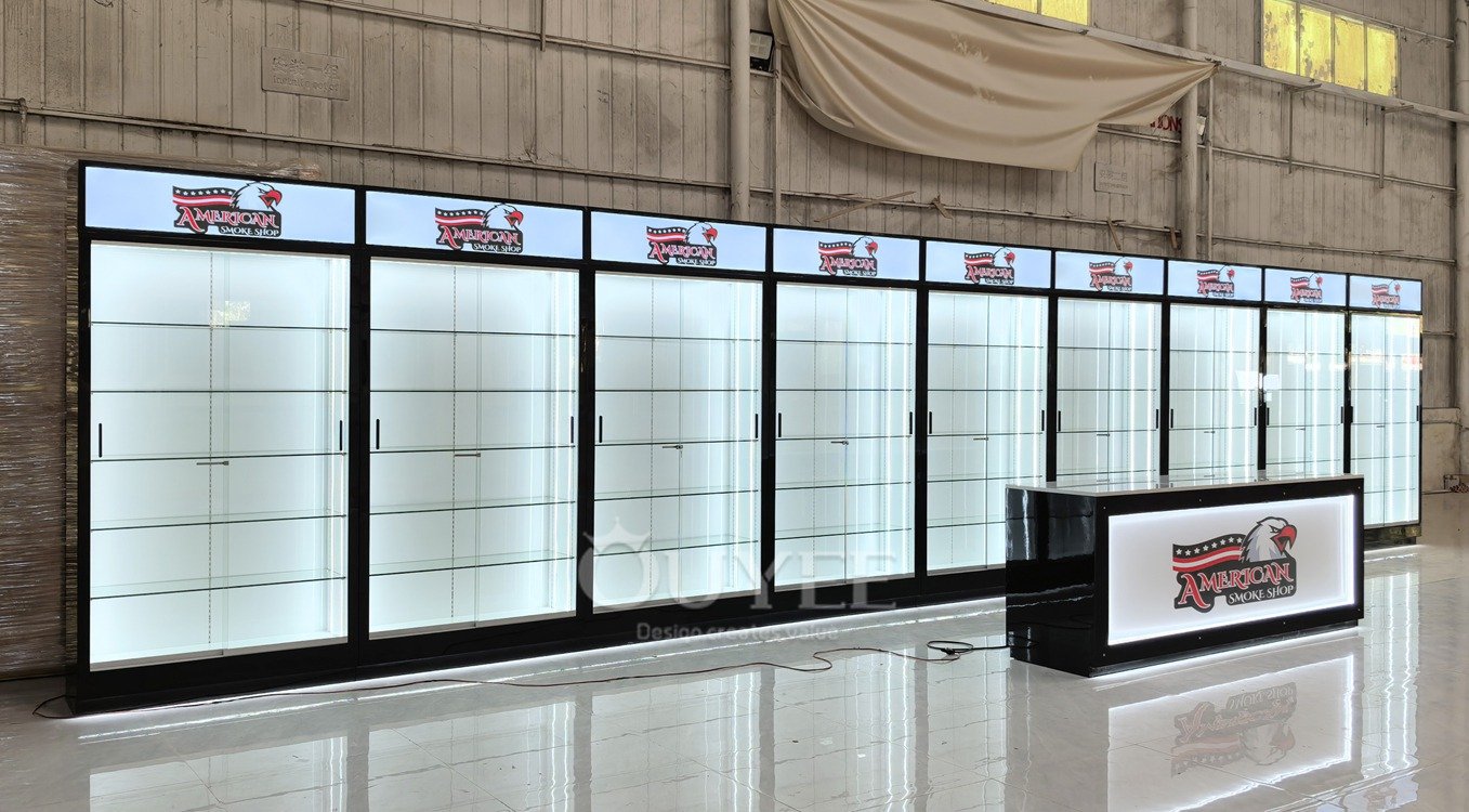 Black Wall Display Cabinet with Lightbox Header 02