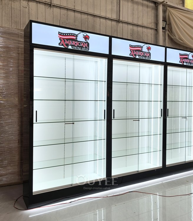 Black Wall Display Cabinet with Lightbox Header 03