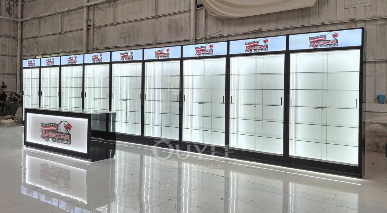 Black Wall Display Cabinet with Lightbox Header 05