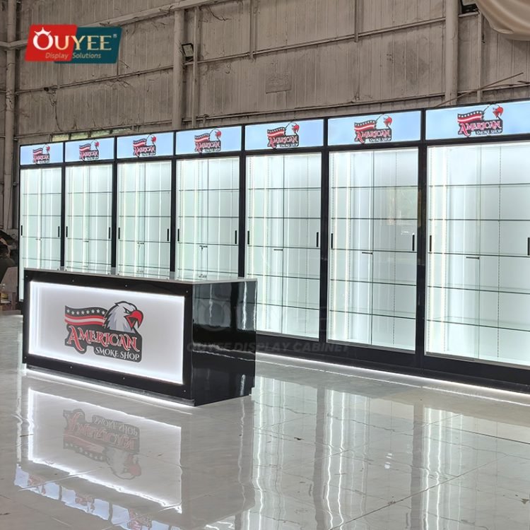 Display Rack Header Black Wall Display Cabinet with Lightbox Header | Custom Display ...
