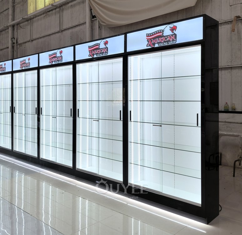 Black Wall Display Cabinet with Lightbox Header 06