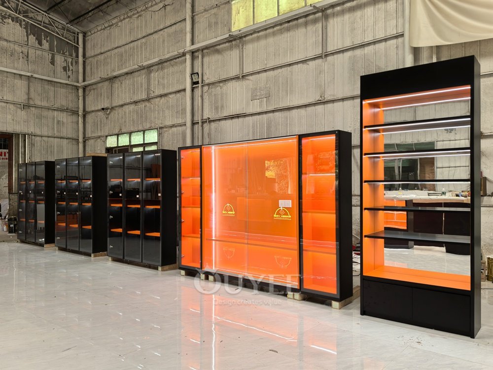 Black and Orange Display Cabinet System with LED Wall Units 01