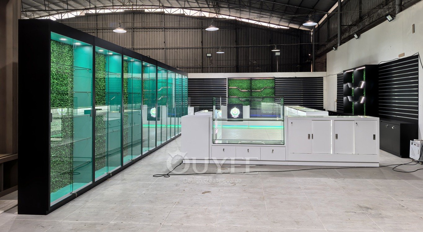 Black and Teal Wall Display Cabinet with Glass Counter Set 01