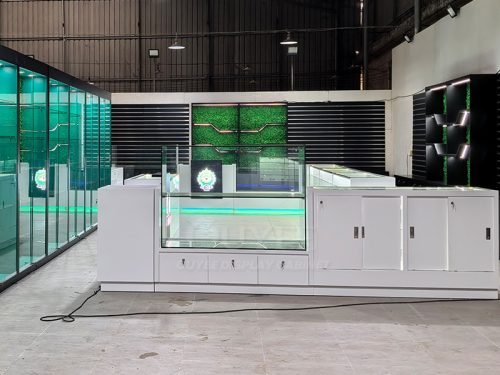 Black and Teal Wall Display Cabinet with Glass Counter Set 01