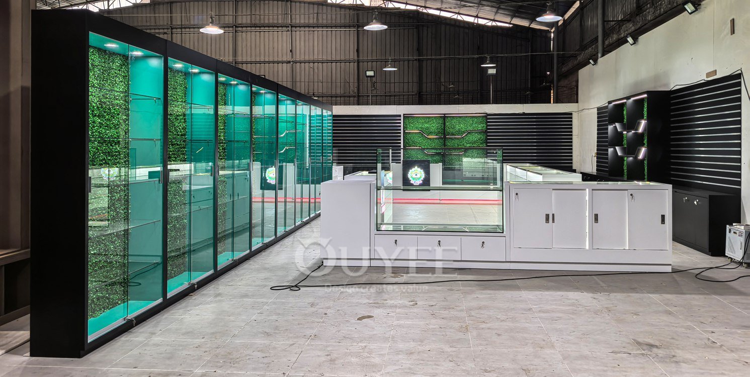 Black and Teal Wall Display Cabinet with Glass Counter Set 02