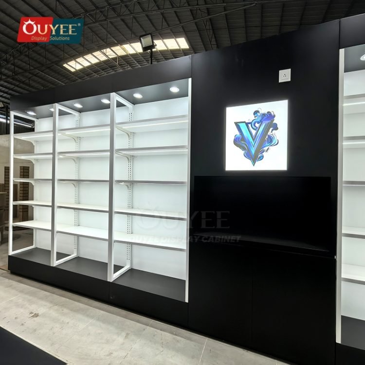 Black and White LED Wall Display Rack | Custom Display Rack Manufacturer