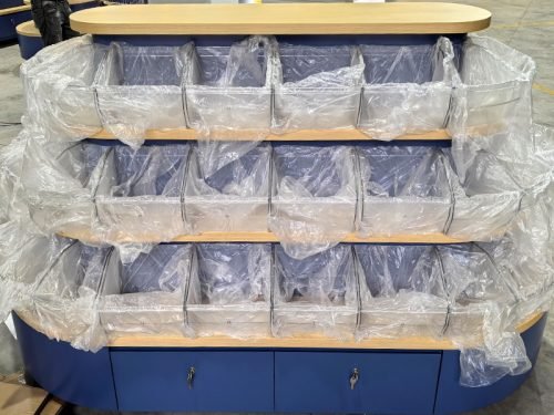 Blue Tiered Island Display Stand with Curved Shelves 01