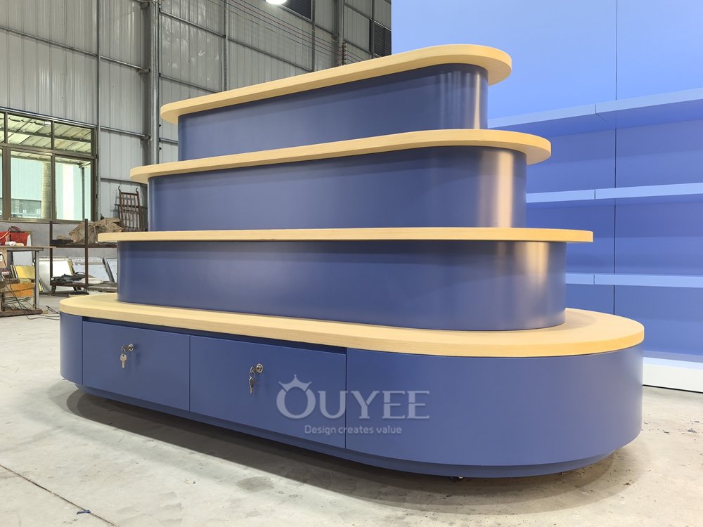 Blue Tiered Island Display Stand with Curved Shelves 05