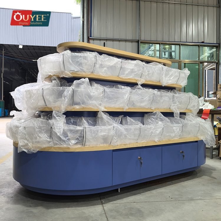 Blue Tiered Island Display Stand with Curved Shelves | Custom Display ...