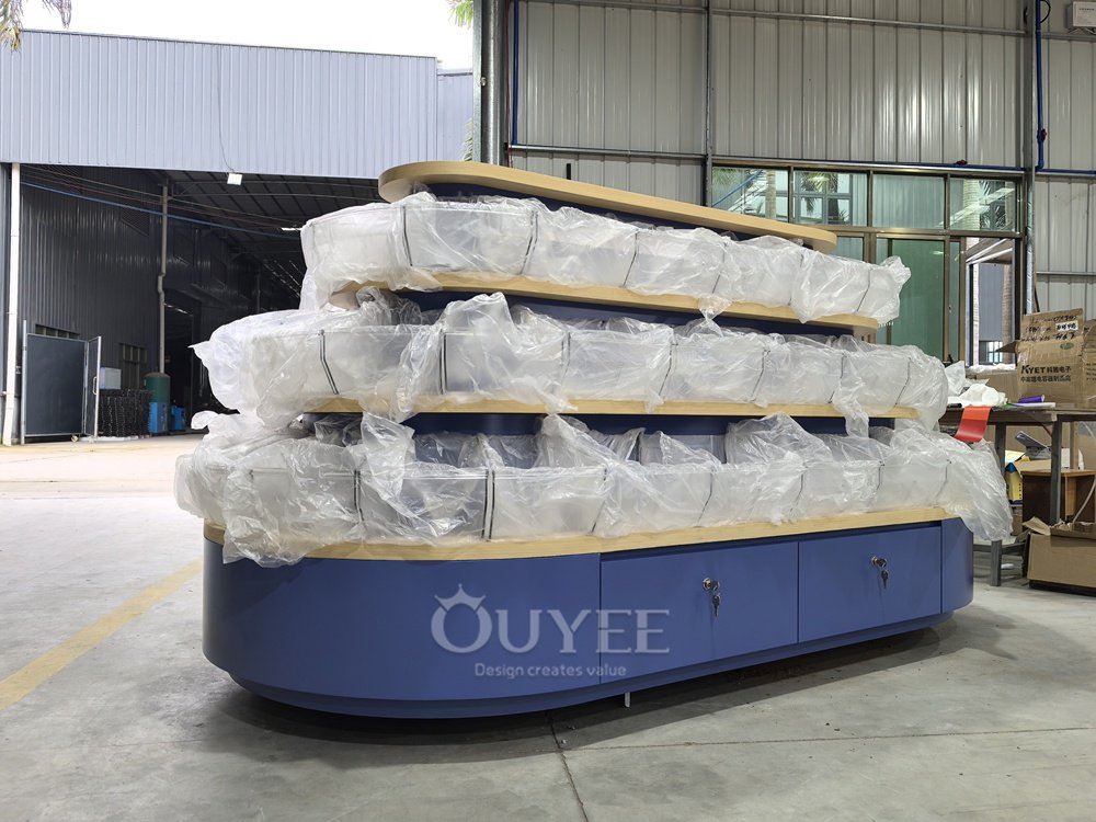 Blue Tiered Island Display Stand with Curved Shelves 06