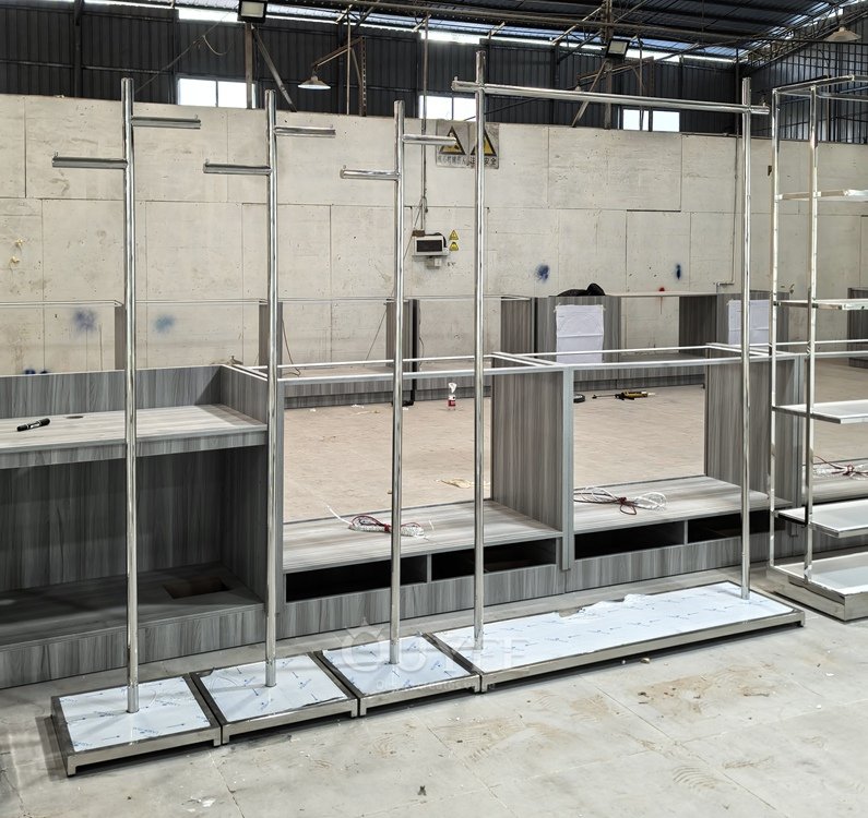 Chrome and Wood Apparel Wall Display Rack 01