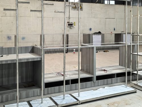 Chrome and Wood Apparel Wall Display Rack 01