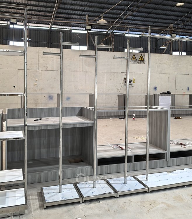 Chrome and Wood Apparel Wall Display Rack 02