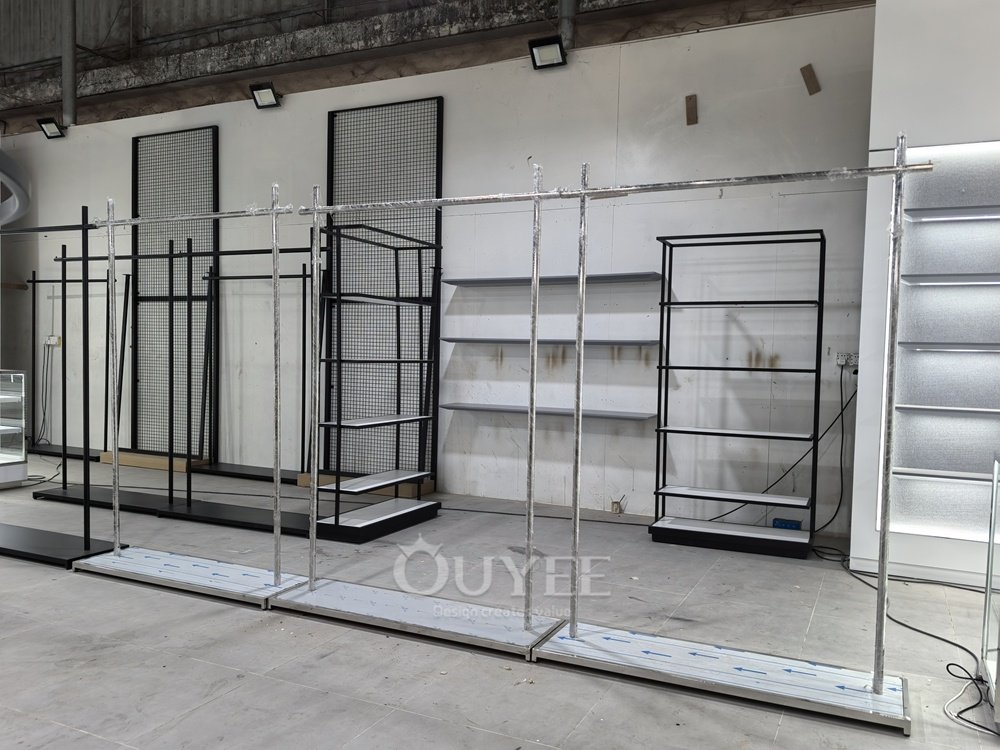 Chrome and Wood Apparel Wall Display Rack 03