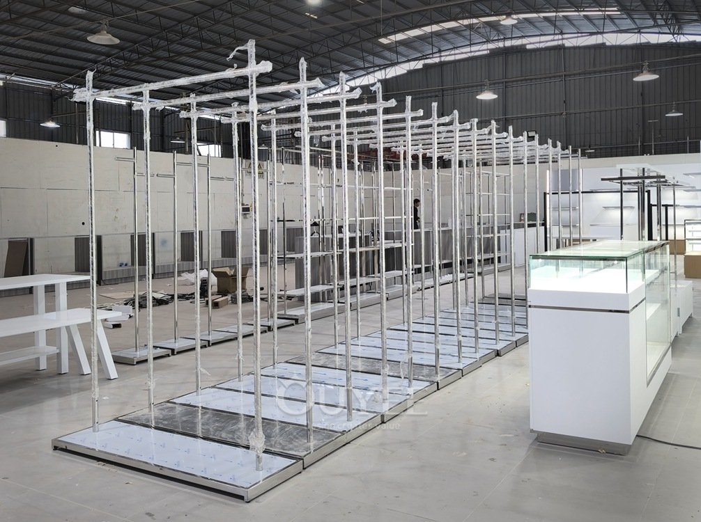 Chrome and Wood Apparel Wall Display Rack 06