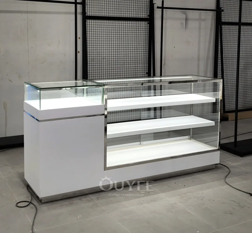 Compact White Service Glass Showcase Counter with End Cabinet 01
