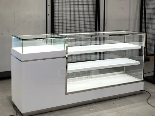 Compact White Service Glass Showcase Counter with End Cabinet 01