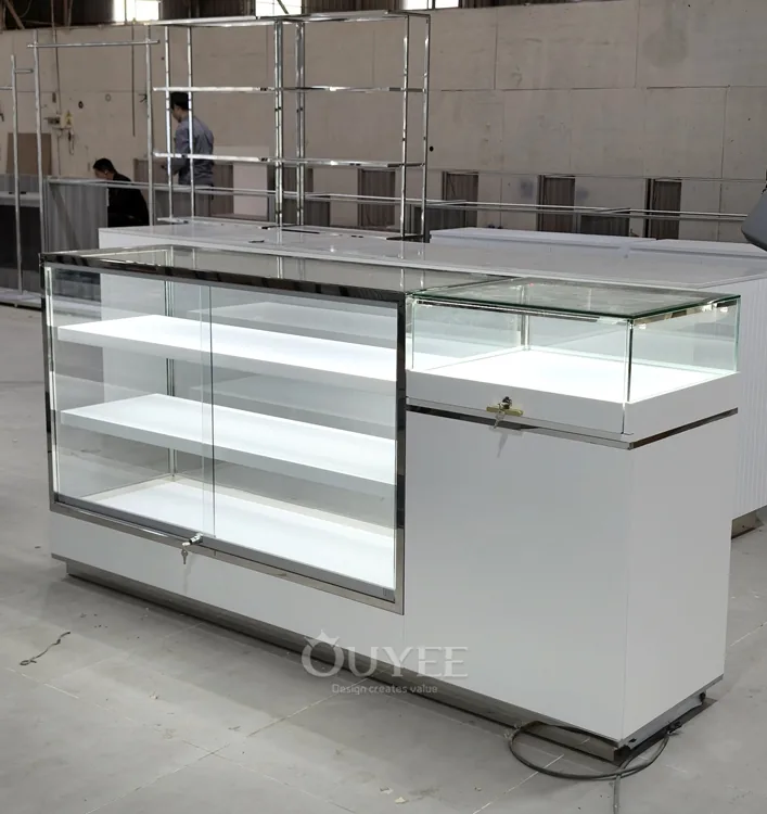 Compact White Service Glass Showcase Counter with End Cabinet 02