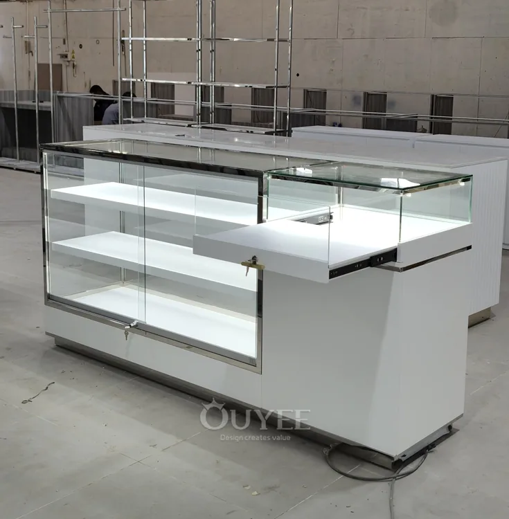 Compact White Service Glass Showcase Counter with End Cabinet 03