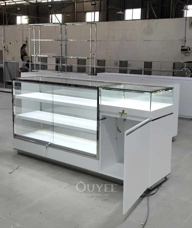 Compact White Service Glass Showcase Counter with End Cabinet 04