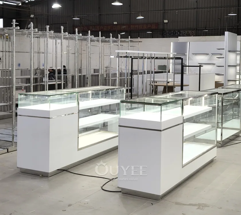 Compact White Service Glass Showcase Counter with End Cabinet 05