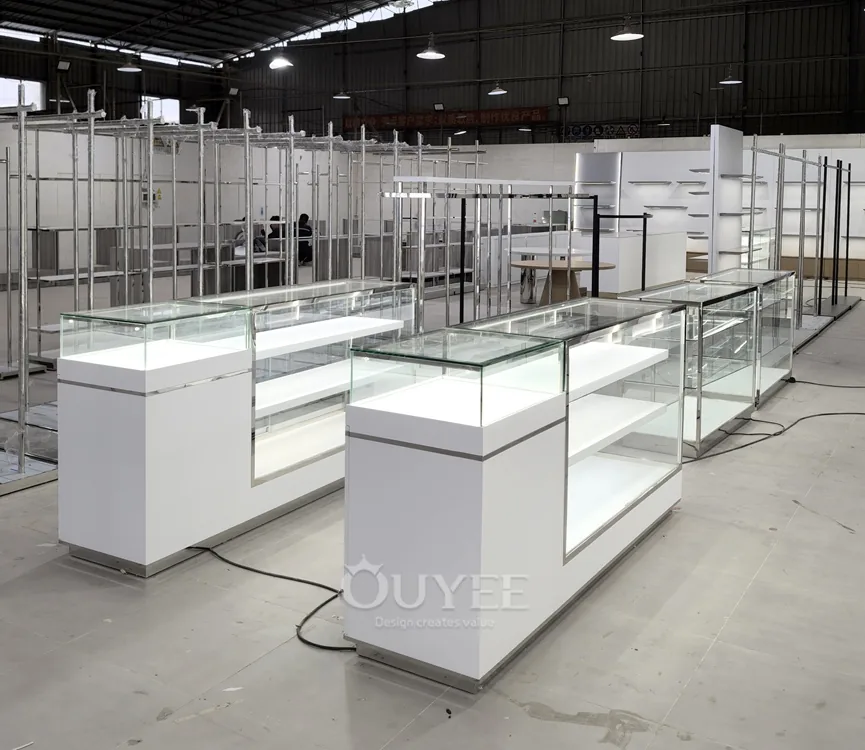 Compact White Service Glass Showcase Counter with End Cabinet 06