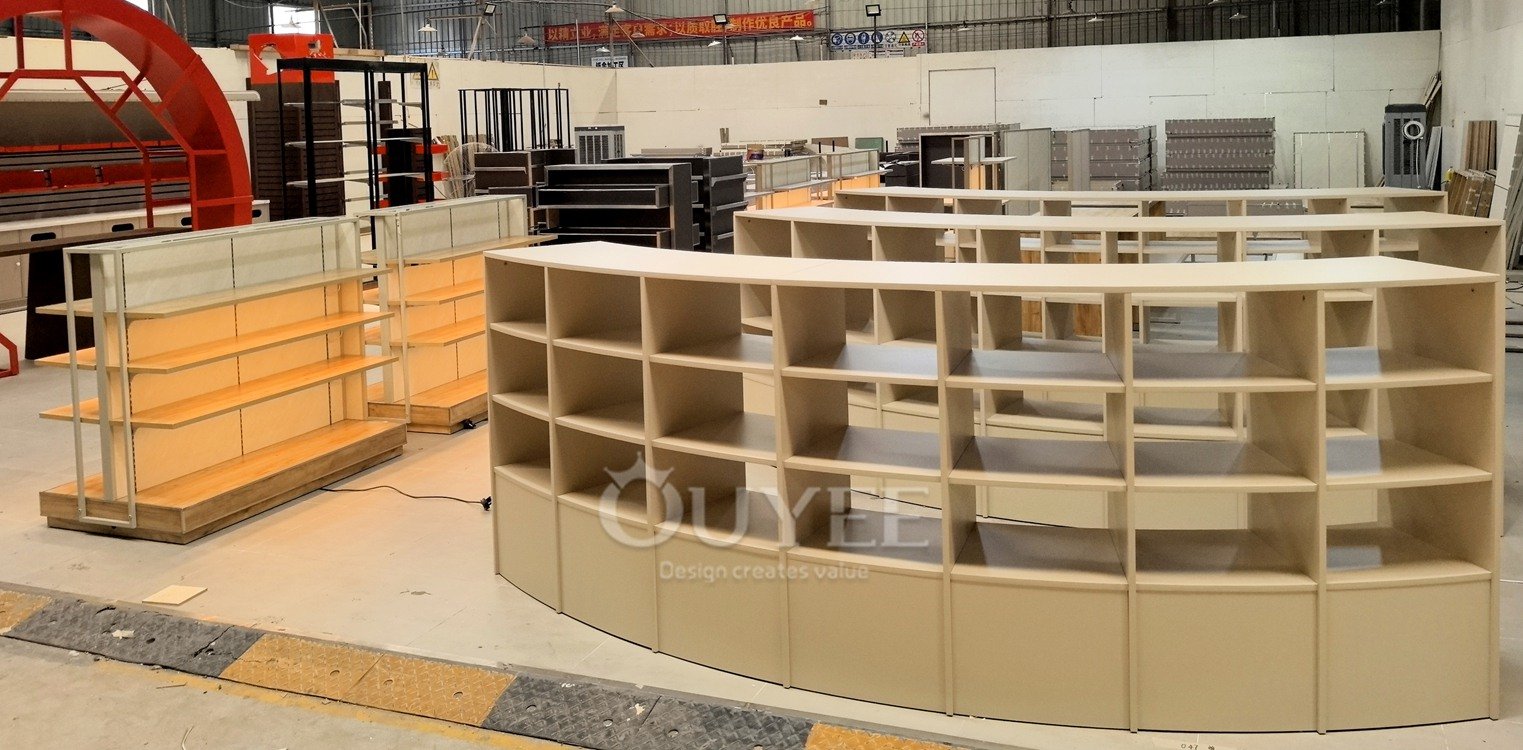 Curved Beige Open Shelf Display Stand System 01