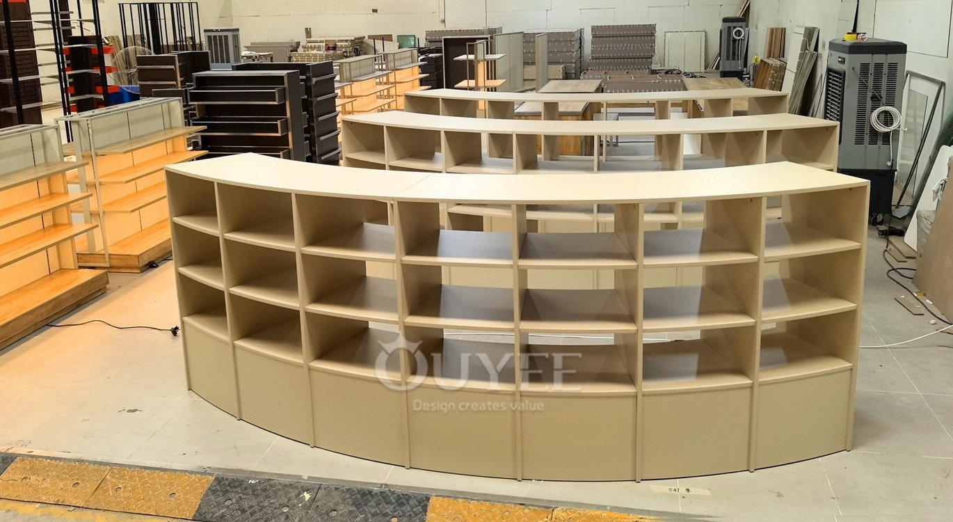 Curved Beige Open Shelf Display Stand System 02