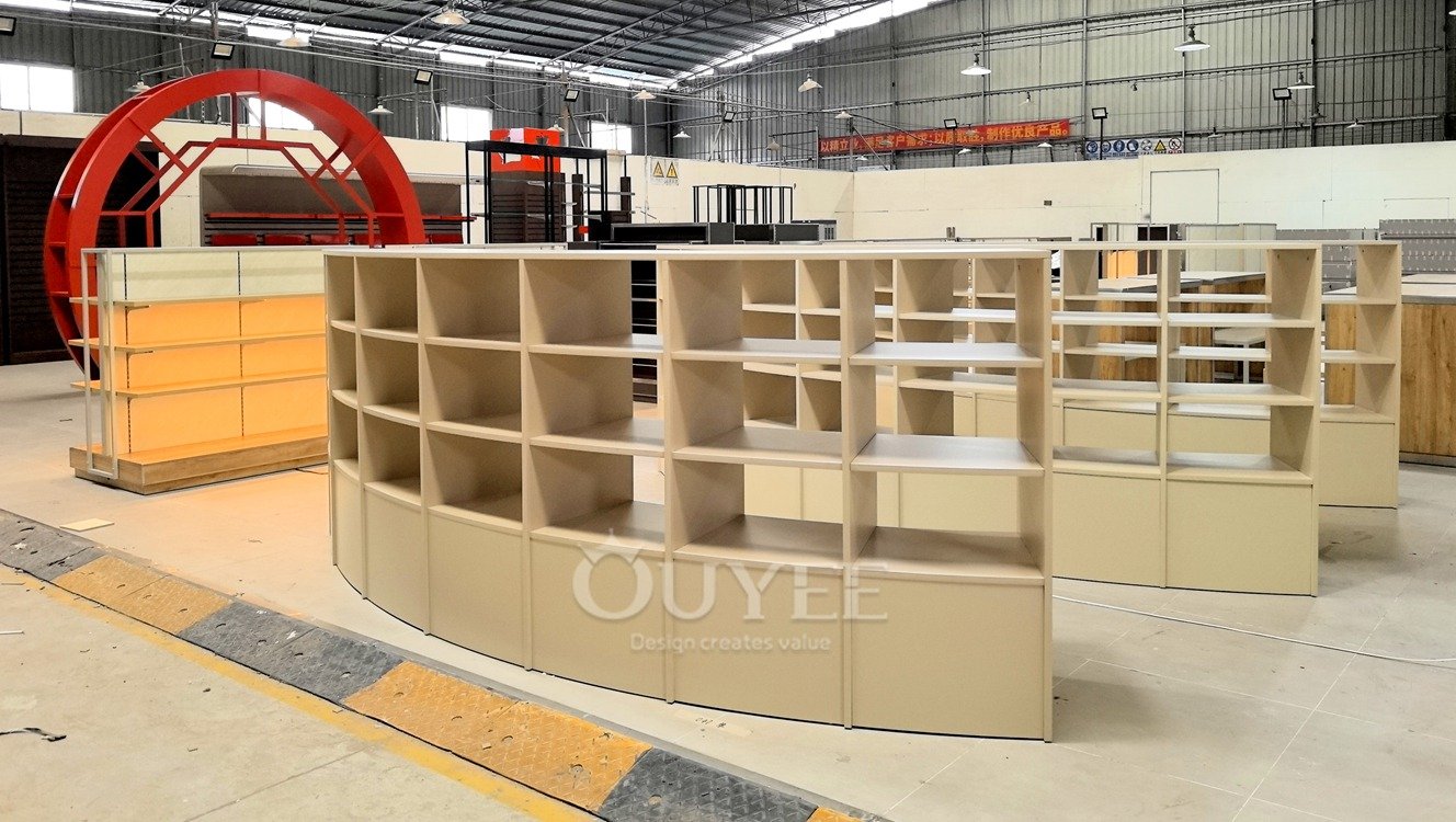 Curved Beige Open Shelf Display Stand System 04