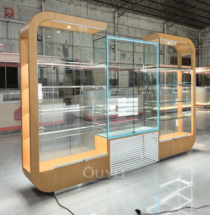 Curved Wood Freestanding Display Cabinet with Glass Center 01