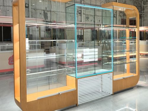 Curved Wood Freestanding Display Cabinet with Glass Center 01